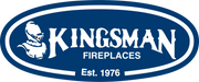 Kingsman Fireplaces oval logo, Est. 1976, blue and white