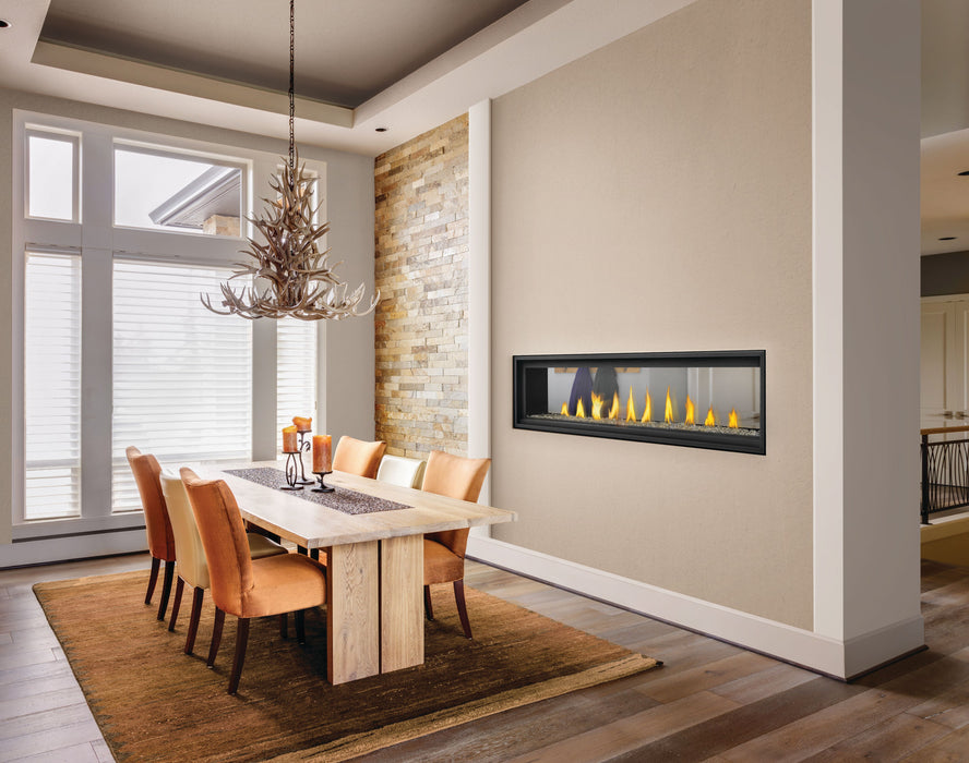 Vector 74" See-Through Direct Vent Gas Fireplace – installed in a dining room