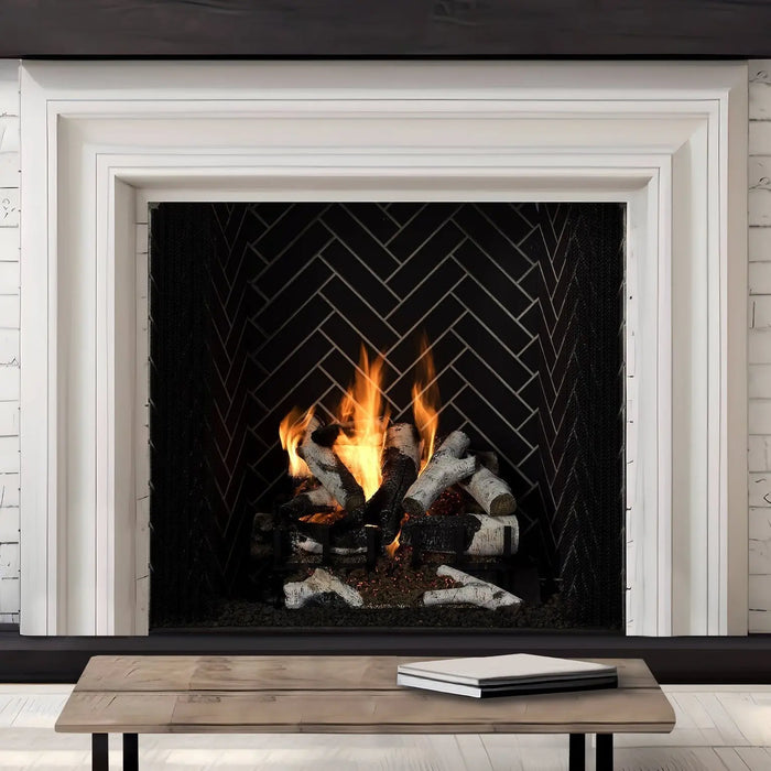 Majestic ASH36-B Ashland 36" Open Wood Burning Fireplace - front view with a white mantel surround