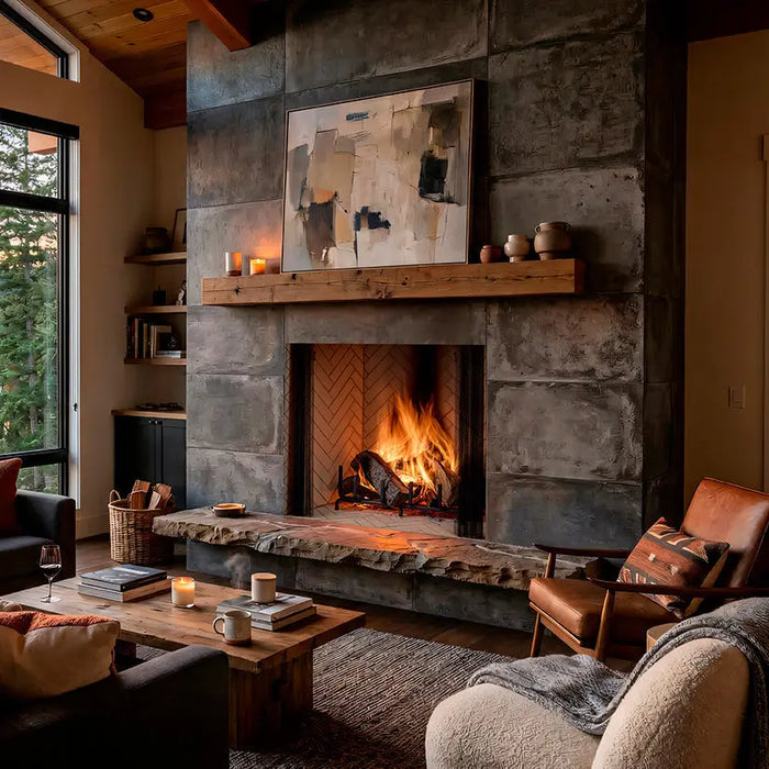 Majestic ASH36-B Ashland 36" Open Wood Burning Fireplace - installed in a dark stone wall with a wood mantel