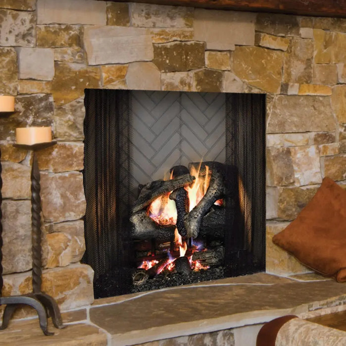 Majestic ASH36-B Ashland 36" Open Wood Burning Fireplace - installed in a stone wall, close view