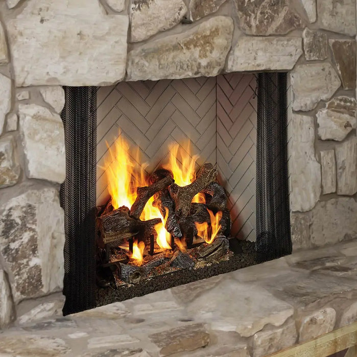 Majestic ASH36-B Ashland 36" Open Wood Burning Fireplace - installed in a light stone wall, close view