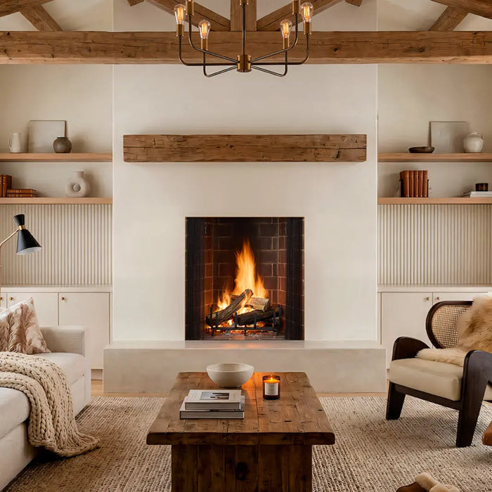 Majestic ASH42-B Ashland 42" Open Wood Burning Fireplace - installed in a white wall between built-in shelves