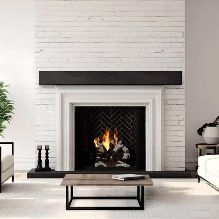 Majestic ASH42-B Ashland 42" Open Wood Burning Fireplace - installed in a white brick wall with a dark mantel, close view
