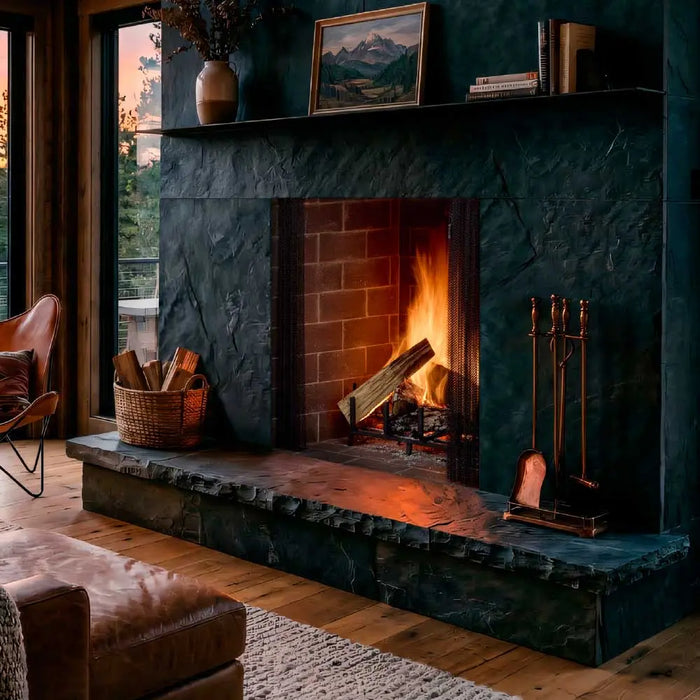 Majestic ASH42-B Ashland 42" Open Wood Burning Fireplace - installed in a dark teal wall with a slate hearth (view 2)