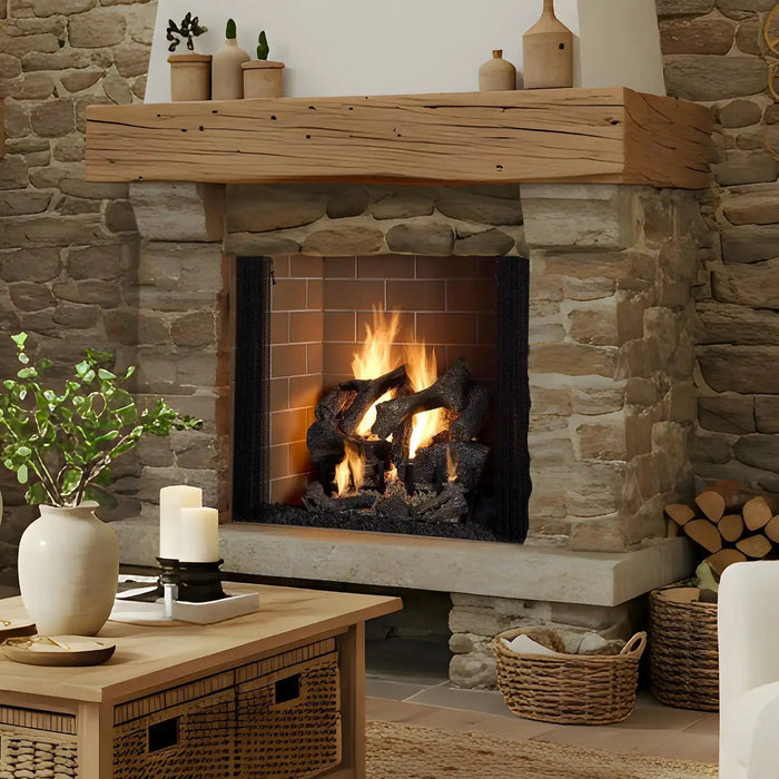 Majestic ASH50-B Ashland 50" Open Wood Burning Fireplace - installed in a stone fireplace with a wood mantel