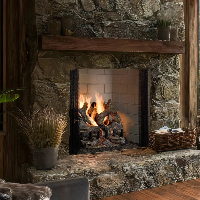 Majestic ASH50-B Ashland 50" Open Wood Burning Fireplace - installed in a rustic stone fireplace