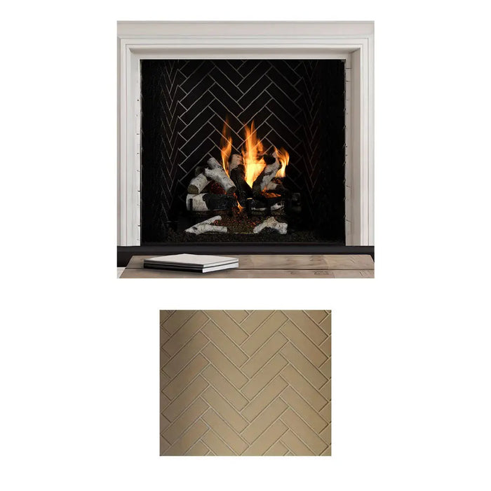 Majestic ASH50-B Ashland 50" Open Wood Burning Fireplace - front view with a white surround and a tan herringbone liner swatch