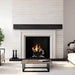 Majestic ASH50-B Ashland 50" Open Wood Burning Fireplace - installed in a white brick wall with a dark mantel, close view