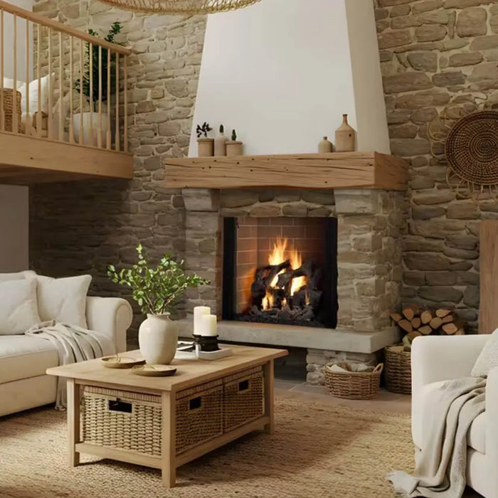 Majestic ASH50-B Ashland 50" Open Wood Burning Fireplace - installed in a stone corner fireplace beside stairs