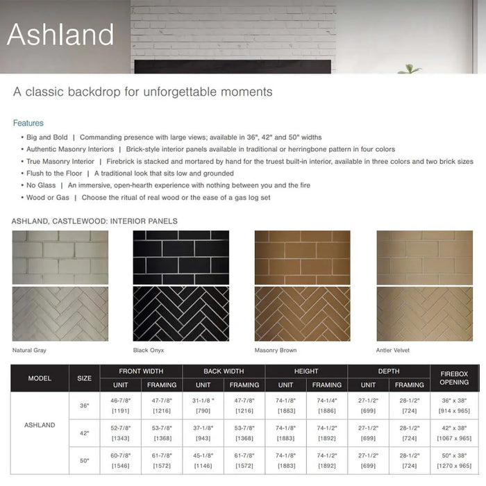 Majestic ASH50-B Ashland 50" Open Wood Burning Fireplace - brochure page with features, interior panel options and dimensions table