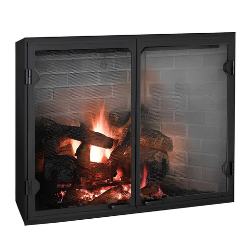Majestic BILT36 Biltmore 36" Open Wood Burning Fireplace - angled view with glass doors and logs burning