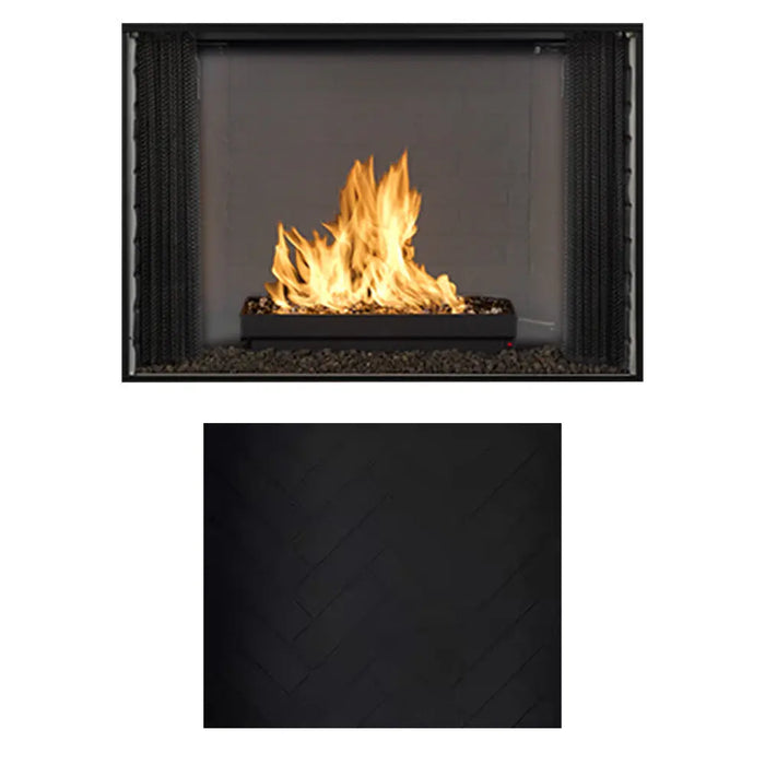 Majestic BILT36 Biltmore 36" Open Wood Burning Fireplace - front view with flames and a black herringbone liner swatch