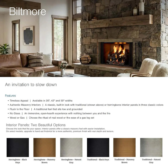 Majestic BILT36 Biltmore 36" Open Wood Burning Fireplace - brochure page with features and interior panel options