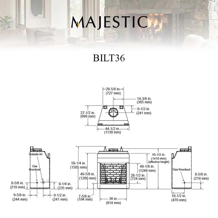 Majestic BILT36 Biltmore 36" Open Wood Burning Fireplace - dimension drawing labeled BILT36