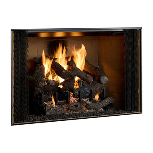 Majestic Biltmore Open Wood Burning Fireplace - angled view with logs burning