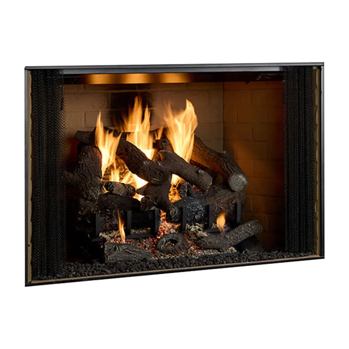 Majestic Biltmore Open Wood Burning Fireplace - angled view with logs burning