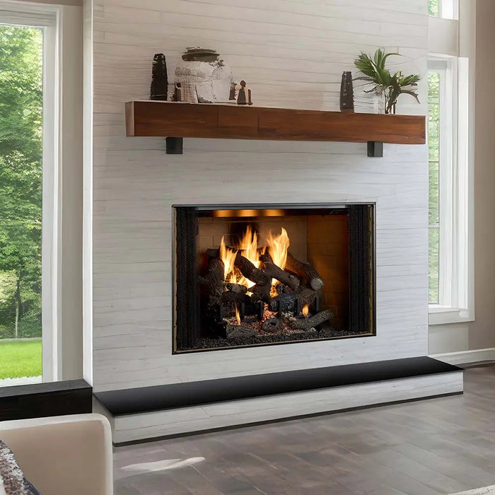 Majestic BILT42 Biltmore 42" Open Wood Burning Fireplace - installed in a white wall below a wood mantel