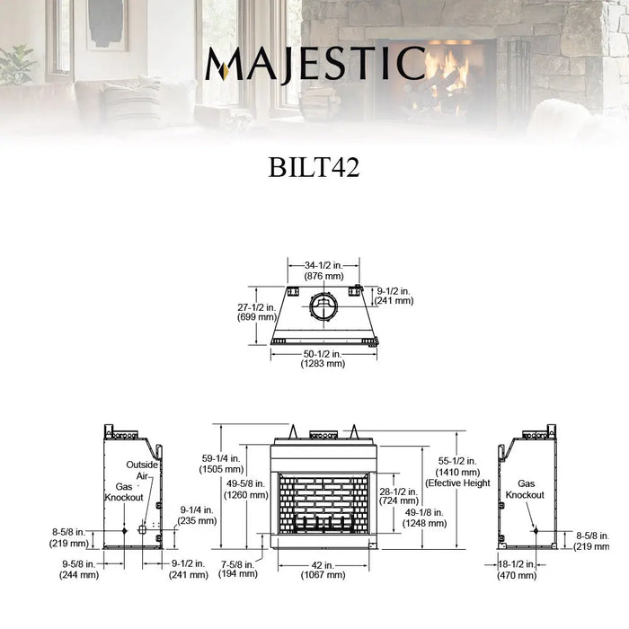 Majestic BILT42 Biltmore 42" Open Wood Burning Fireplace - dimension drawing labeled BILT42