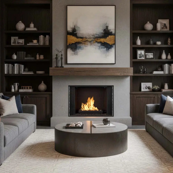 Majestic BILT50 Biltmore 50" Open Wood Burning Fireplace - installed between dark built-in shelves below framed art