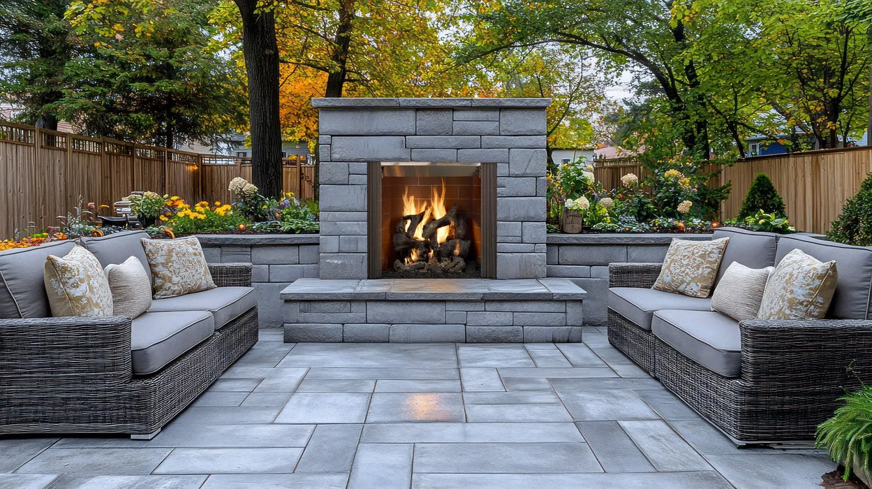 Majestic Castlewood 42 outdoor wood burning fireplace with brown traditional brick, outdoors