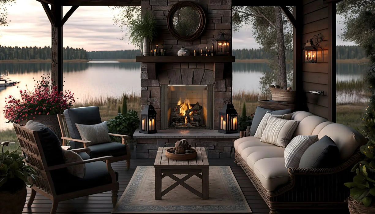 Majestic Castlewood outdoor wood burning fireplace with gray traditional brick, outdoors