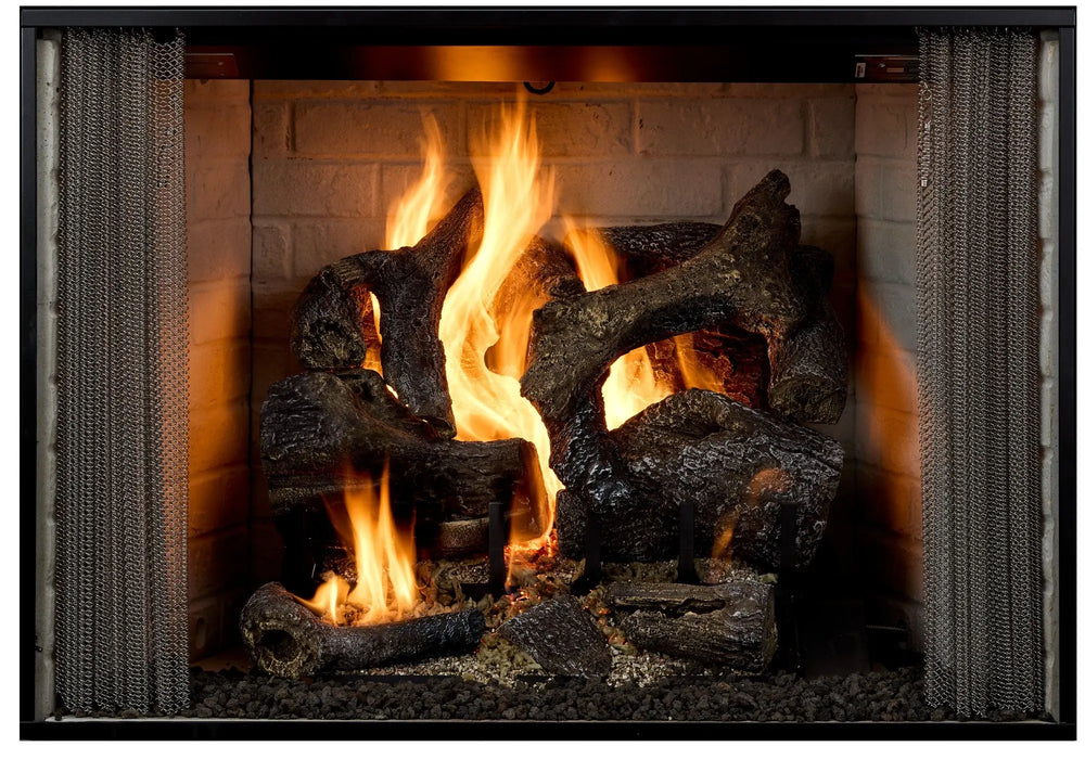 Majestic Cottagewood outdoor wood burning fireplace, front view with gray traditional refractory and stainless curtain