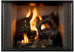 Majestic Cottagewood outdoor wood burning fireplace, front view with gray traditional refractory and stainless curtain