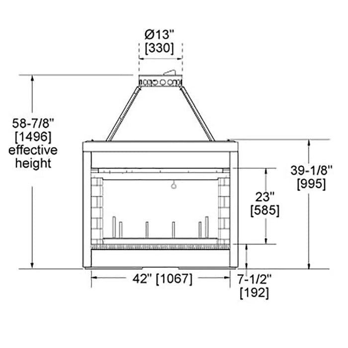 Majestic DSR42 Designer Series 42" See-Through Radiant Wood Burning Fireplace - dimension drawing
