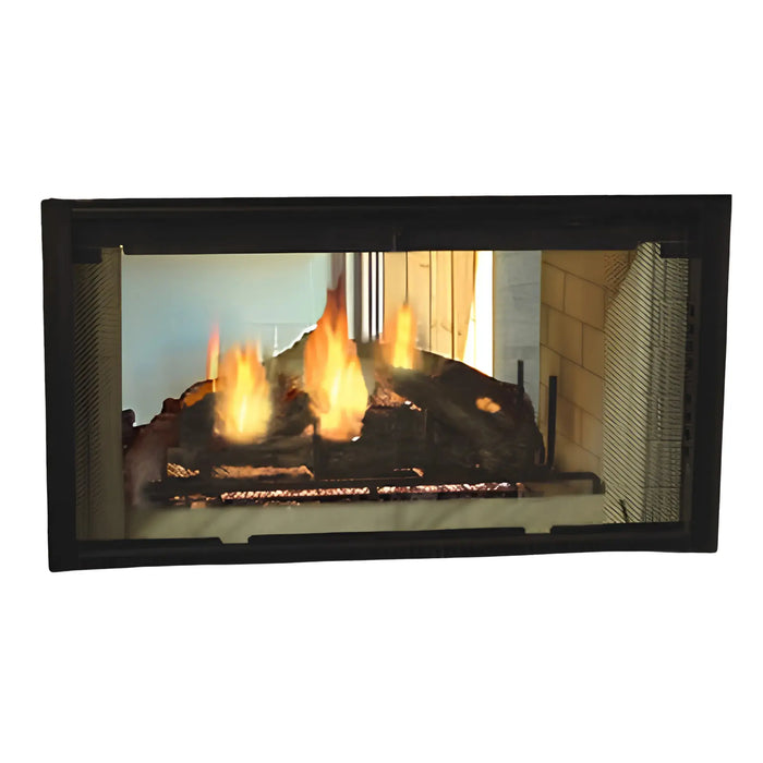 Majestic DSR42 Designer Series 42" See-Through Radiant Wood Burning Fireplace - see-through angled view with logs burning