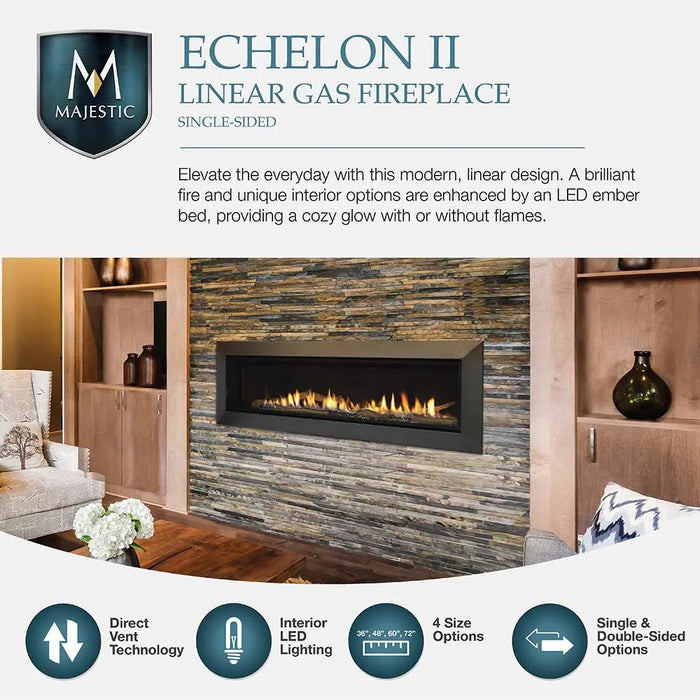 Majestic ECHEL36IN-C Echelon II 36" Linear Direct Vent Gas Fireplace - overview graphic with the fireplace in a stone wall