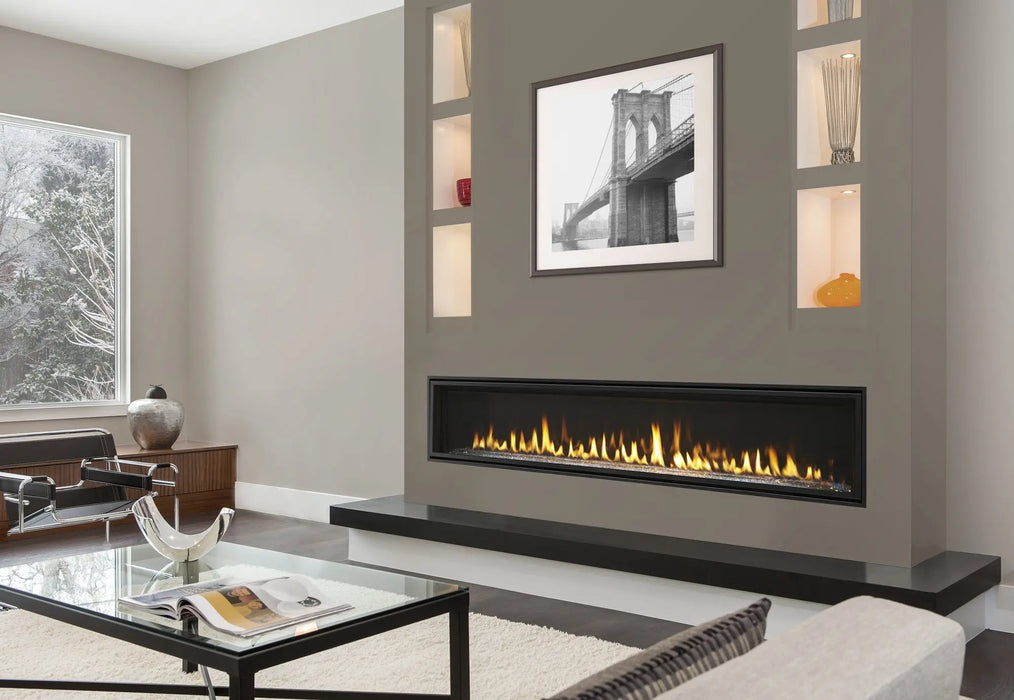 Majestic Echelon II linear gas fireplace in a wide room setting