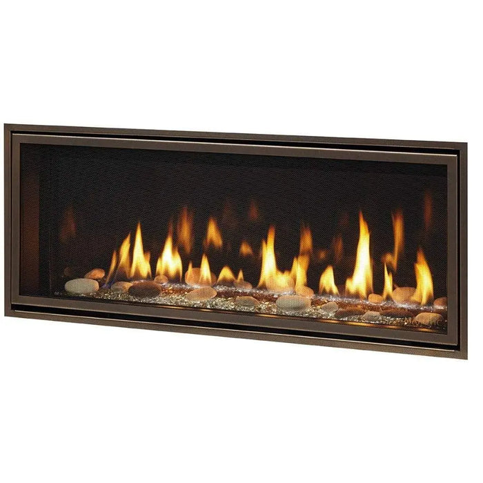 Majestic ECHEL60IN-C Echelon II 60" Linear Direct Vent Natural Gas Fireplace - angled view with flames and bronze trim (view 2)