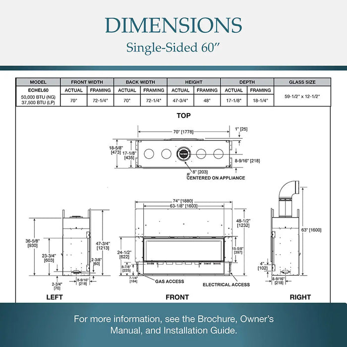 Majestic ECHEL60IN-C Echelon II 60" Linear Direct Vent Natural Gas Fireplace - dimensions diagram for the single-sided 60 in. model