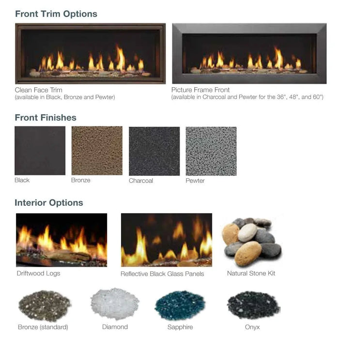 Majestic ECHEL72IN-C Echelon II 72" Direct Vent Gas Fireplace - options graphic: front trims, front finishes and interior media