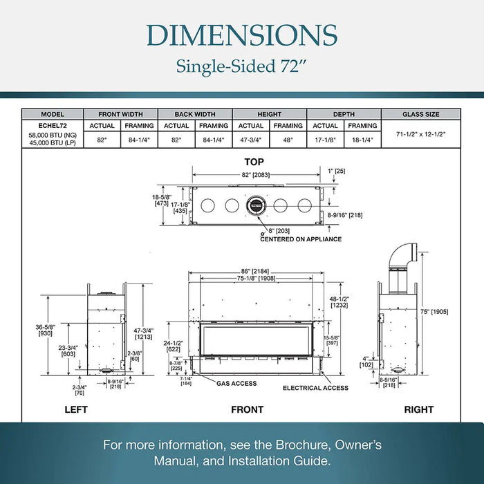Majestic ECHEL72IN-C Echelon II 72" Direct Vent Gas Fireplace - dimensions diagram for the single-sided 72 in. model