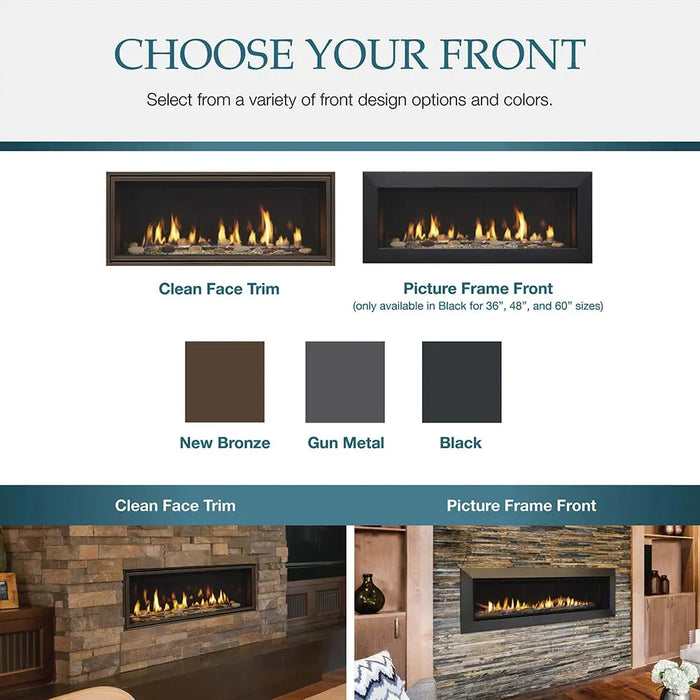 Majestic ECHEL48STIN-C Echelon II See-Through 48" Linear Direct Vent Gas Fireplace - graphic of clean face trim and picture frame front options