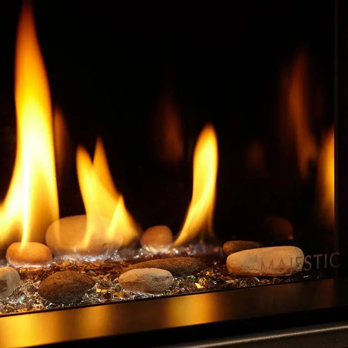 Majestic ECHEL48STIN-C Echelon II See-Through 48" Linear Direct Vent Gas Fireplace - close-up of flames over stones and glass media