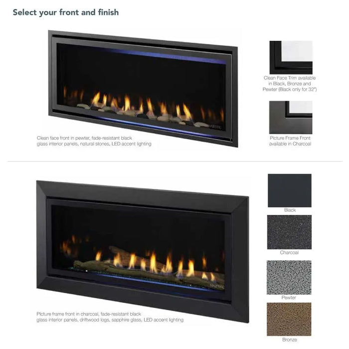 Majestic JADE32IN-B Jade 32" Linear Direct Vent Natural Gas Fireplace - graphic of front and finish options