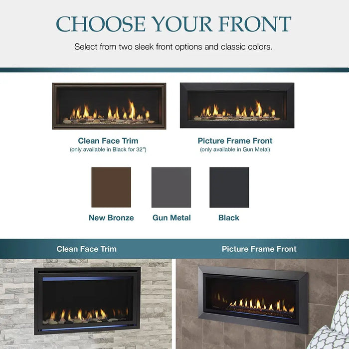 Majestic JADE32IN-B Jade 32" Linear Direct Vent Natural Gas Fireplace - graphic of clean face trim and picture frame front options