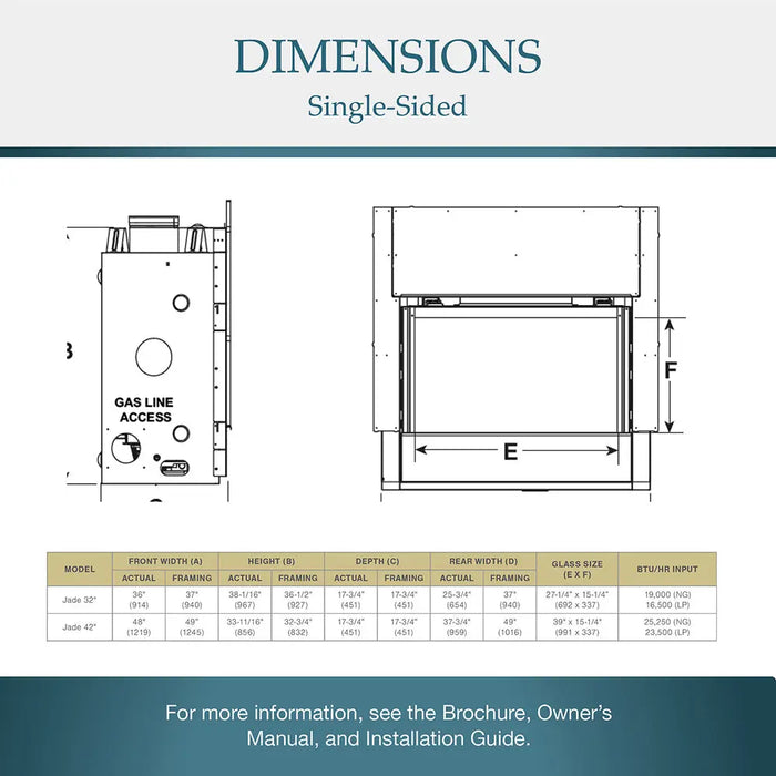 Majestic JADE32IN-B Jade 32" Linear Direct Vent Natural Gas Fireplace - dimensions diagram for single-sided models