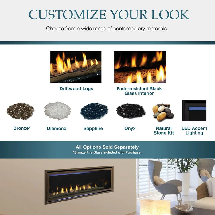 Majestic JADE32IN-B Jade 32" Linear Direct Vent Natural Gas Fireplace - graphic of interior log, glass, stone and LED options