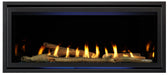 Majestic Jade linear gas fireplace, front view with driftwood logs and sapphire glass