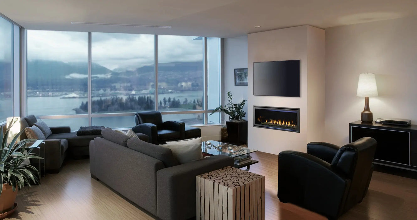 Majestic Jade linear gas fireplace with Passive Heat, open wall view