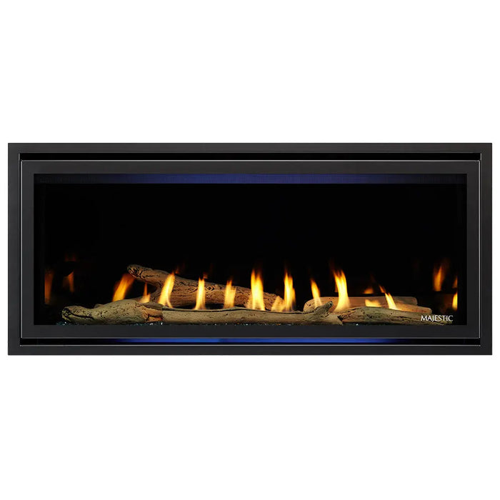 Majestic Jade 42" Linear Direct Vent Gas Fireplace - front view with driftwood logs and blue accent lighting