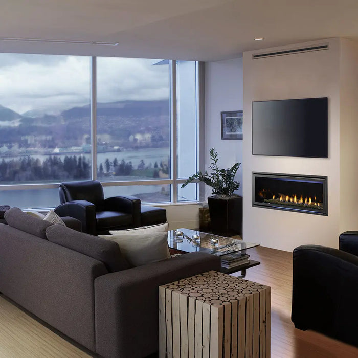 Majestic Jade 42" Linear Direct Vent Gas Fireplace - installed in a living room with large windows
