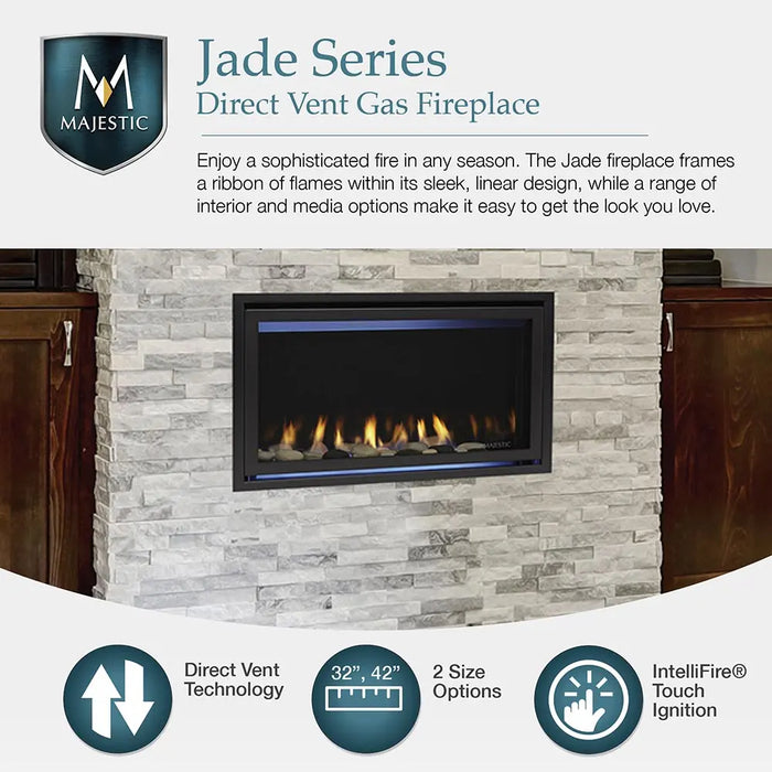 Majestic Jade 42" Linear Direct Vent Gas Fireplace - overview graphic with the fireplace in a stone wall