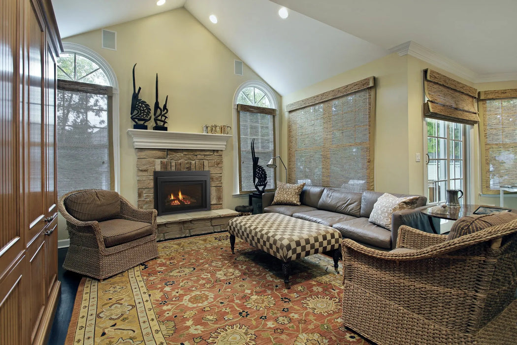 Majestic Jasper 30 gas fireplace insert with black clean screen front and cottage red brick