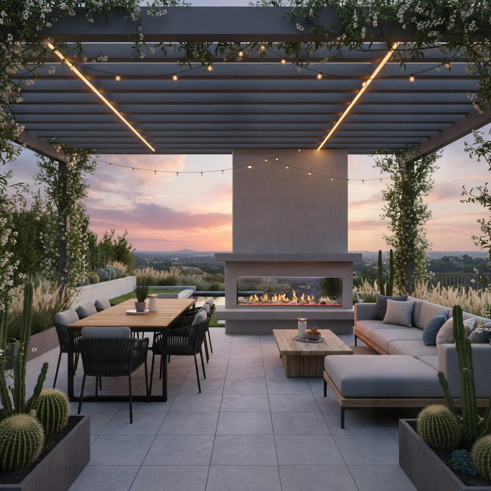 Majestic Lanai see-through outdoor linear gas fireplace on a patio