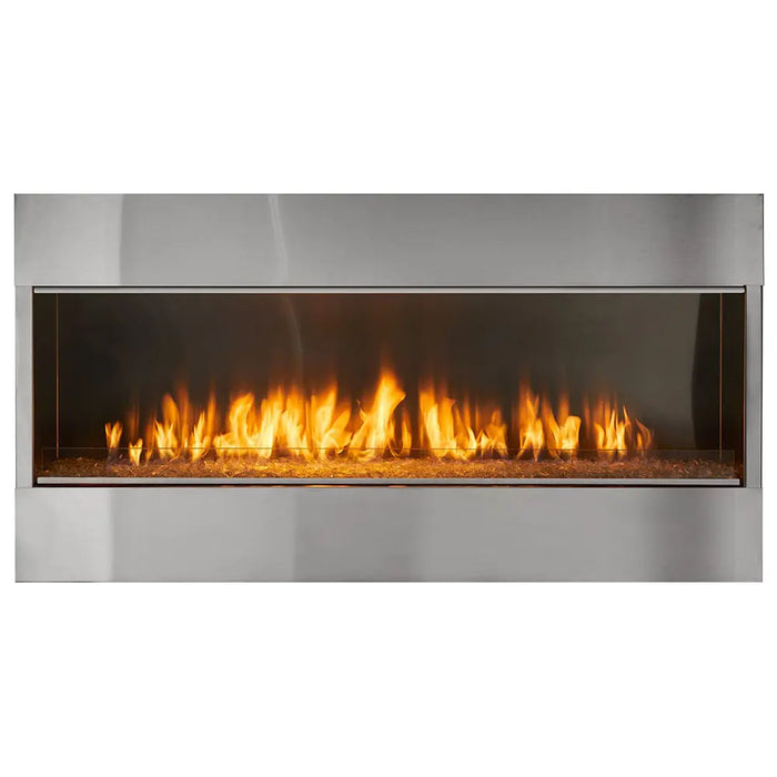 Majestic ODLANAIG-60 Lanai 60" Outdoor Linear Vent Free Gas Fireplace - front view with flames and stainless steel face